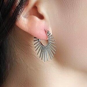 Sunburst Silver Hoop Earrings Trendy Statement Chunky Textured